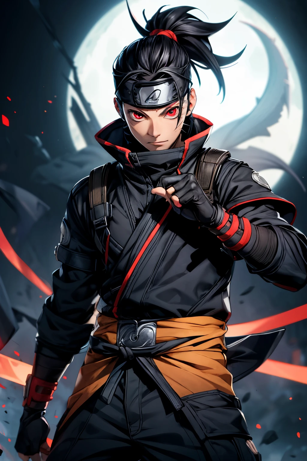 Naruto and gara(own character costume), 2boy, male focus, solo, glowing, red eyes, ninja, weapon, glowing eyes, holding, looking at viewer, fingerless gloves, gloves, holding ninja secret weapon, black gloves