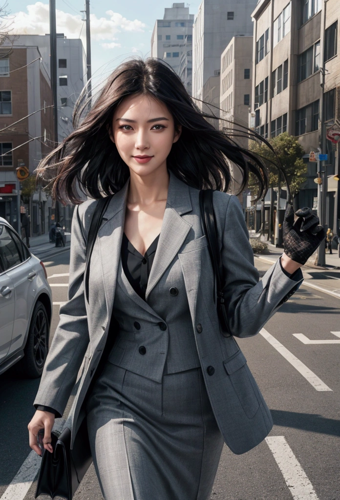 she runs carefree down the street past passing cars, she has a cold smile and a prickly look, Dressed in business style, black hair blows from the wind, movie screensaver, dynamic viewing angle Canon R5 lens. 200mm, clear focus. The photo was taken in RAW format. The photo shows photorealistic and very impressive graphics, detailed face in 16k HDR quality