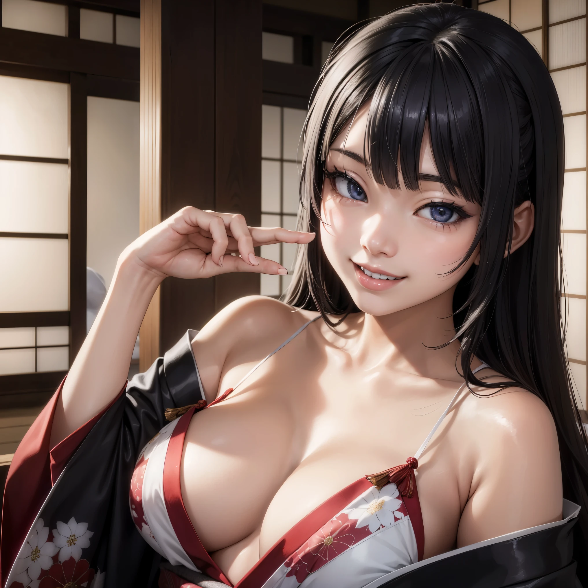 hyper realistic, ((realistic skin)), ((realistic japanese girl )), ((young japanese girl)),(wearing a kimono)), ((giving a seductive smile ))