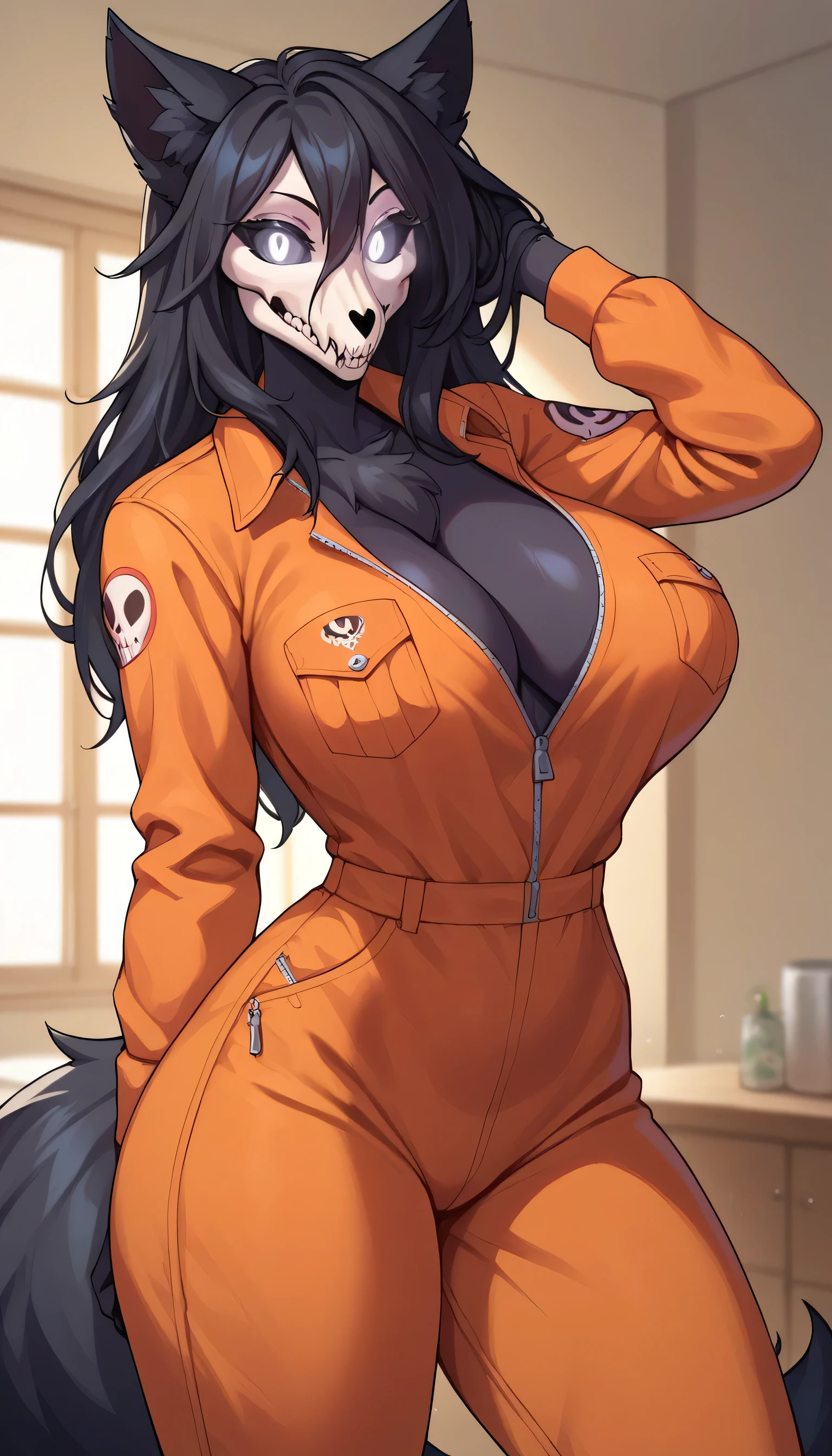 score_9, score_8_up, score_7_up, score_6_up, BREAK, MaloSCPXL, anthro furry, furry female, body fur, black fur, head skull, white eyes, glowing eyes, black sclera, black hair, long hair, hair between eyes, animal ears, black tail, large breasts, orange jumpsuit, solo, standing, looking at viewer, indoors, NSFW, breasts out