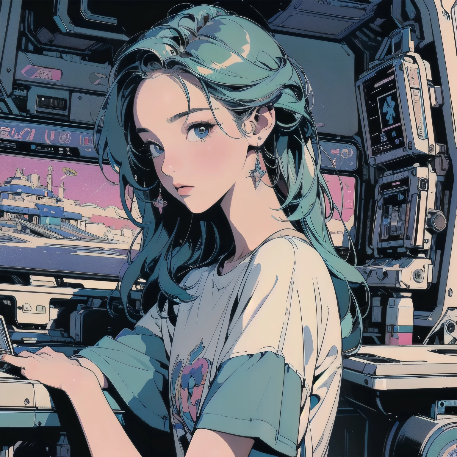 (((masterpiece, Highest quality)))、(((32K Wallpapers)))、The most detailed machine、(((The most detailed and colorful futuristic machine and a woman)))、The most detailed background、(((Flat Chest)))、(((Surrounded by many complex, sophisticated, futuristic machines)))、head shot,((((more various angle))))、A perfect machine、(((Completed and detailed beautiful face)))、(((The most complete machine of the future)))、Detailed Hair、anime、mysterious、(((Dull colors)))、(((highlight)))、(((Short sleeve shirt)))