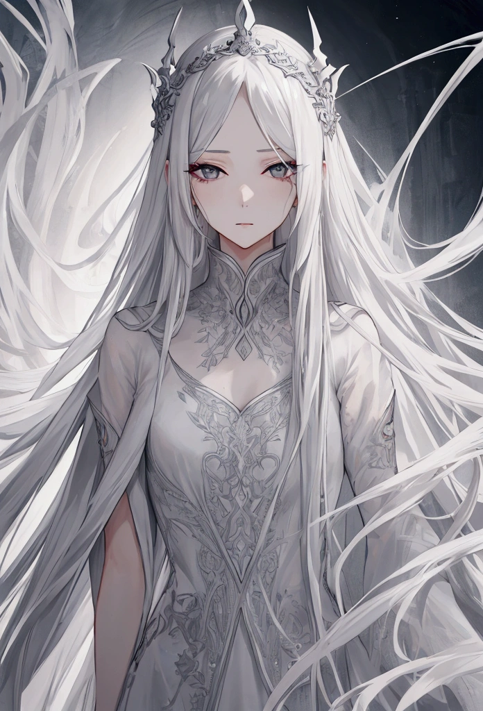 Long flowing white hair, expressive grey eyes, slim,nude,8k, best quality, high resolution. 