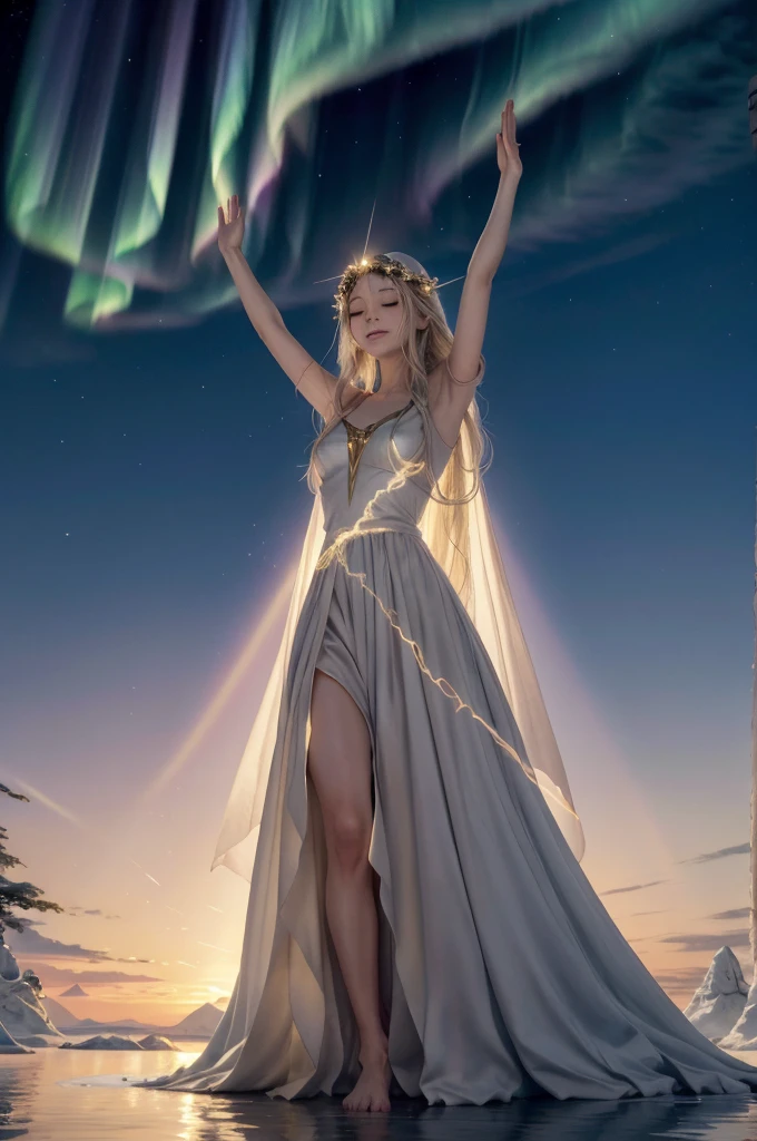 "Create an artistic image that represents the magical formula 'Absolvo Tactum Aurora' – 'I absolve the touch of the dawn.' The scene should capture the beauty and purity of dawn, with soft golden rays of light illuminating a serene landscape. The image should convey a sense of admiration, showing a mage in a reverent pose, raising their hands as they touch the dawn's light, purifying and elevating the tactile sensations of the moment. Add mystical elements like floating light particles and an ethereal aura around the mage, creating an atmosphere of tranquility and renewal. The color palette should include soft tones of gold, pink, and blue, evoking a sense of wonder and reverence."