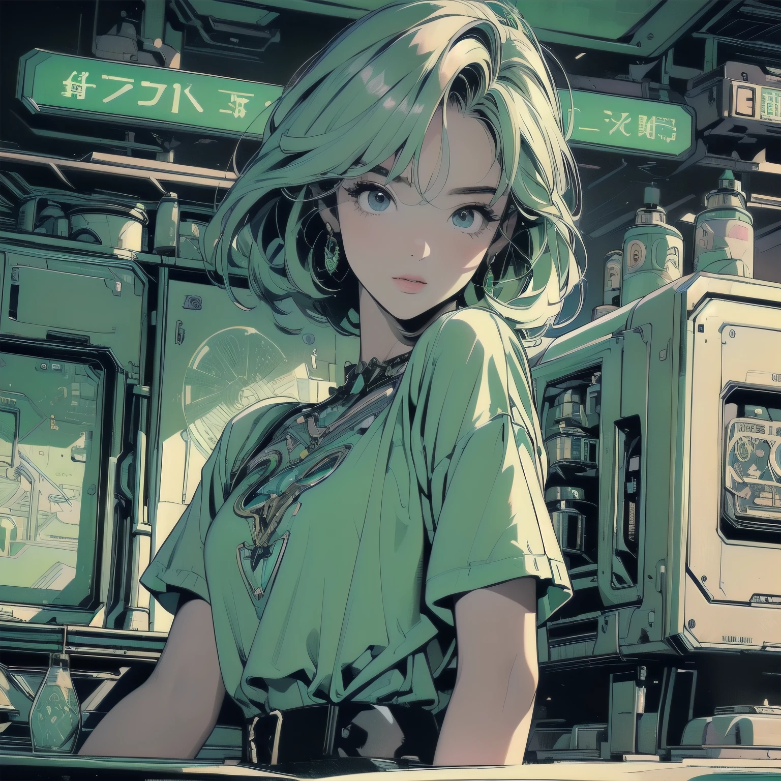 (((masterpiece, Highest quality)))、(((32K Wallpapers)))、The most detailed machine、(((A highly detailed, lime green futuristic machine and a woman)))、The most detailed background、(((Flat Chest)))、(((Surrounded by many complex, sophisticated, futuristic machines)))、head shot,((((more various angle))))、A perfect machine、(((Completed and detailed beautiful face)))、(((The most complete machine of the future)))、Detailed Hair、anime、mysterious、(((Dull colors)))、(((highlight)))、(((Short sleeve shirt)))
