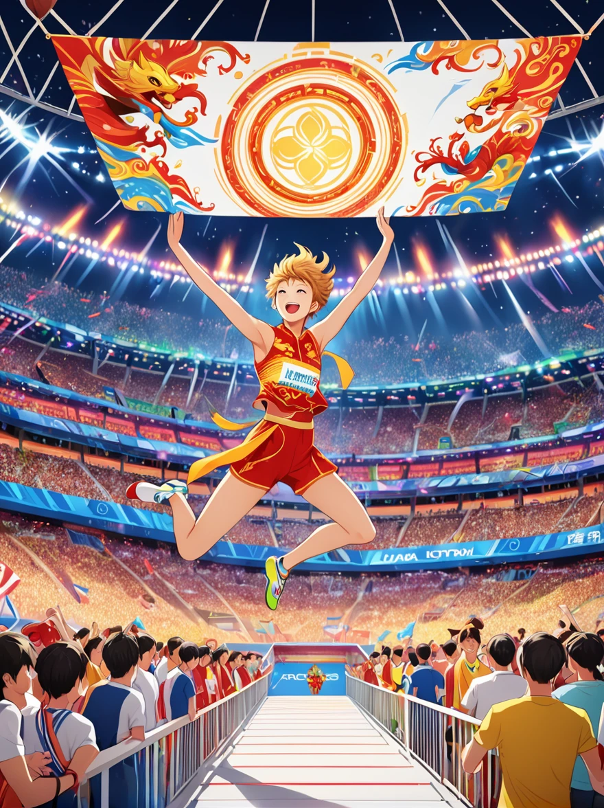 poster，advanced，Surreal，Fantastic effect，Sun Wukong in Chinese mythology，Competing in the high jump at the Olympics，Fly over the railing easily，Happy expression，Joyful crowd in the background，Colorful arena，The tense atmosphere of the game，Colorful lights in the stadium，Excited audience，Cheering crowd，(Best quality，8k，high resolution，masterpiece)，Super Fine，uhd, Extremely detailed description，major，Bright colors，illustration，The graphics are very impactful，Depth，poster，Warm color tone，advanced配色，Blockbuster，Ultra-clear，design