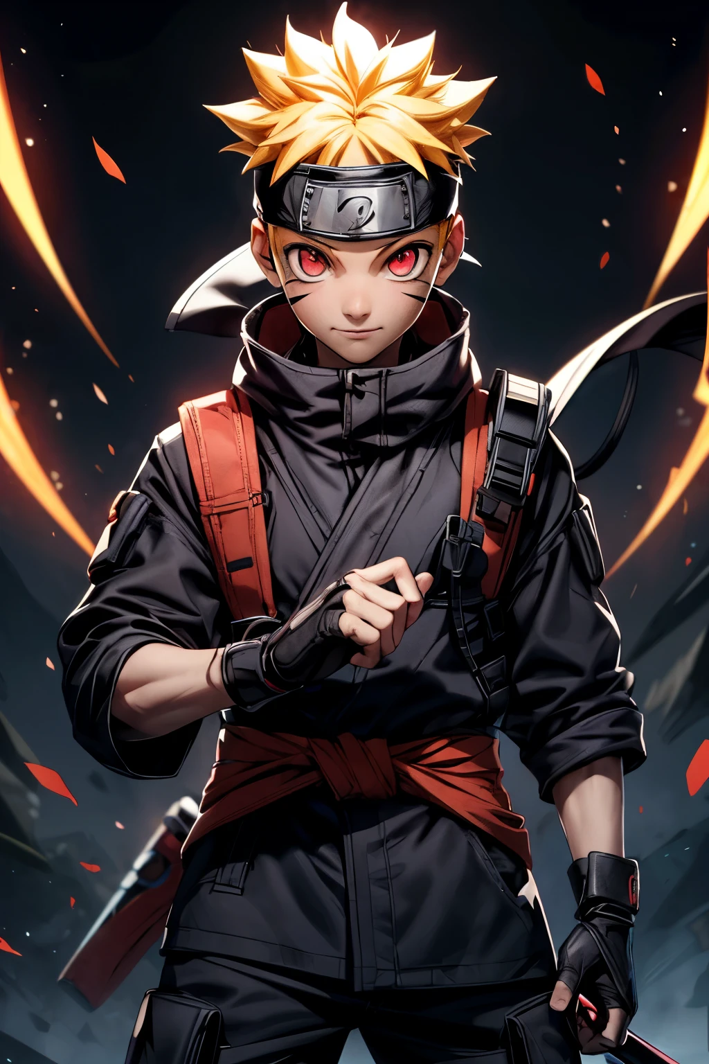 Naruto(similiar costume), 2boy, male focus, solo, glowing, red eyes, ninja, weapon, glowing eyes, holding, looking at viewer, fingerless gloves, gloves, holding ninja secret weapon, black gloves