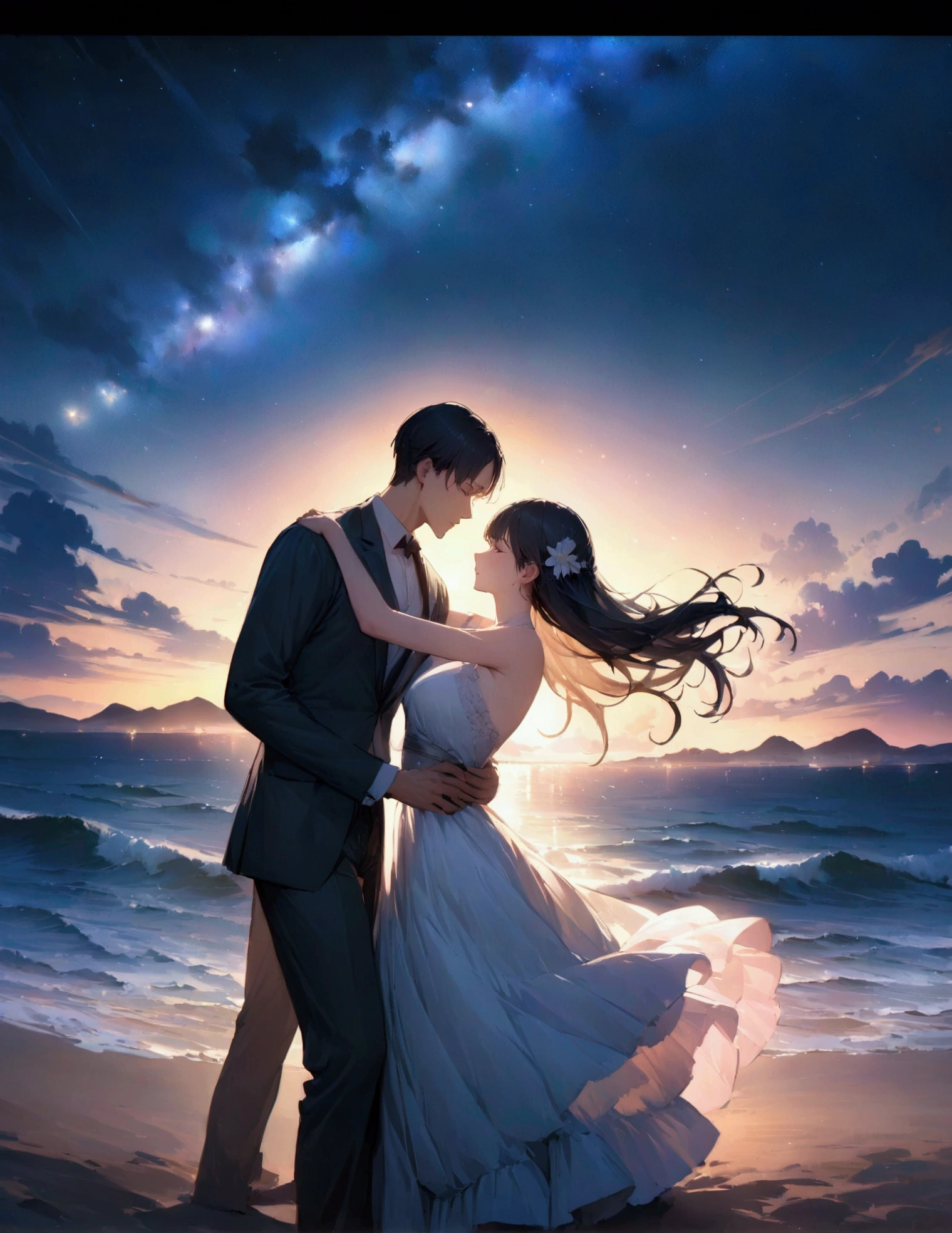 (masterpiece:1.3),(最high quality:1.4),(Very detailedな:1.5),High resolution,Very detailed,8k,artwork,High level of detail,rendering,high quality,Wide range of colors, The setting is a beach at night under the stars, One man and one woman dancing. The night is full of hope, And the moonlight illuminates the scene. Waves gently crash on the shore, Create a calm and magical atmosphere. " Narrative poem, Particle Effects, Dynamic Effects, Character border depth, Cinematic Light, Lens flare, Ray Tracing, Tabletop, Genuine , 超High resolution, Fantasy, Quiet and beautiful grassland, Vast land, Lakeside, Wonderful scenery, Beautiful natural scenery, Night Sky,