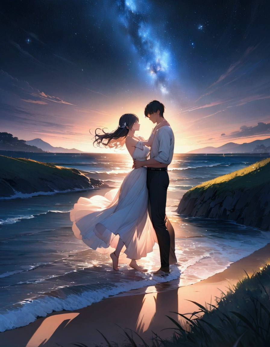 (masterpiece:1.3),(最high quality:1.4),(Very detailedな:1.5),High resolution,Very detailed,8k,artwork,High level of detail,rendering,high quality,Wide range of colors, The setting is a beach at night under the stars, One man and one woman dancing. The night is full of hope, And the moonlight illuminates the scene. Waves gently crash on the shore, Create a calm and magical atmosphere. " Narrative poem, Particle Effects, Dynamic Effects, Character border depth, Cinematic Light, Lens flare, Ray Tracing, Tabletop, Genuine , 超High resolution, Fantasy, Quiet and beautiful grassland, Vast land, Lakeside, Wonderful scenery, Beautiful natural scenery, Night Sky,