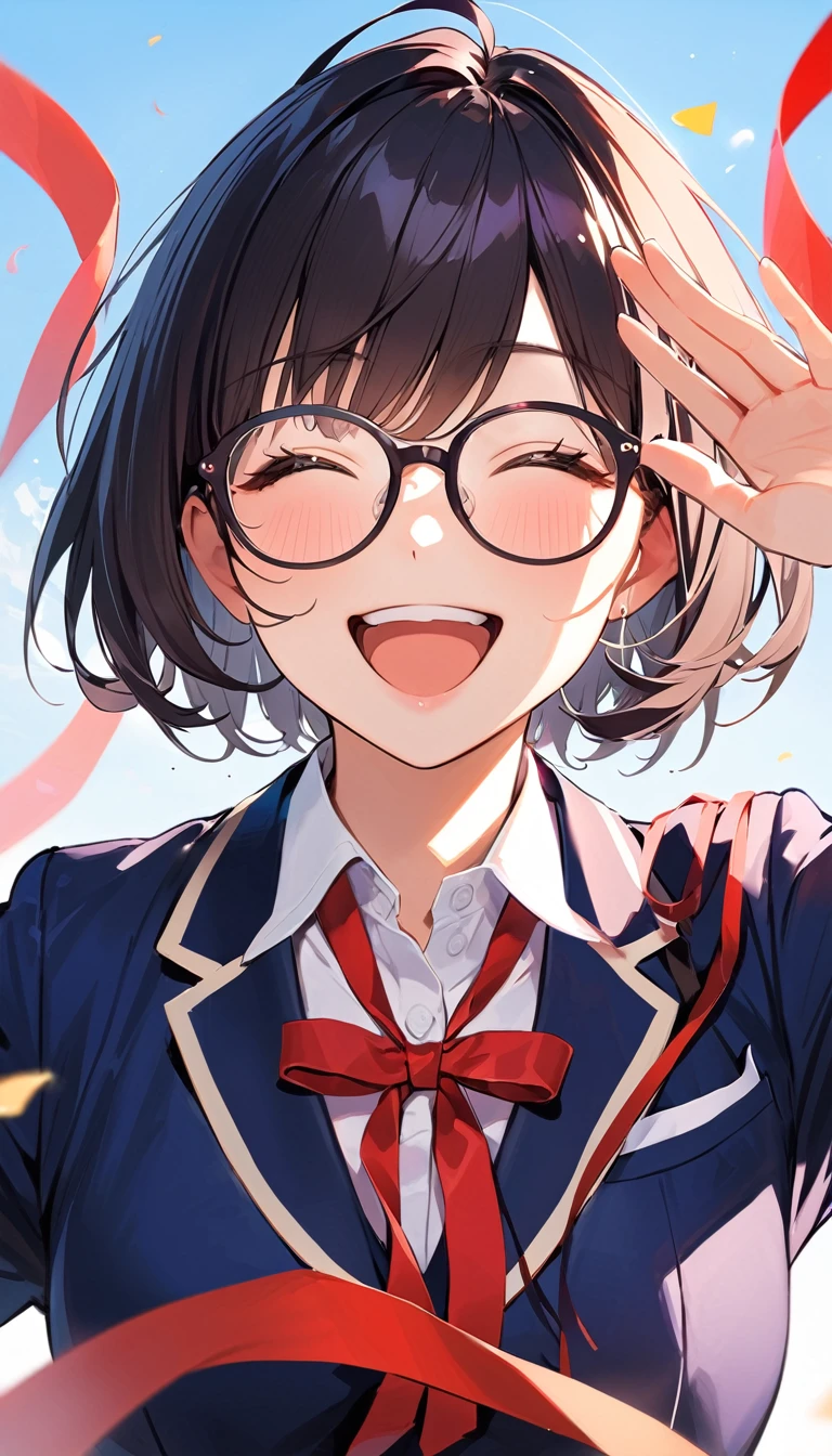 A high school girl with black short bob hair,Glasses,Red ribbon, wearing a navy blazer ,smile,happy
