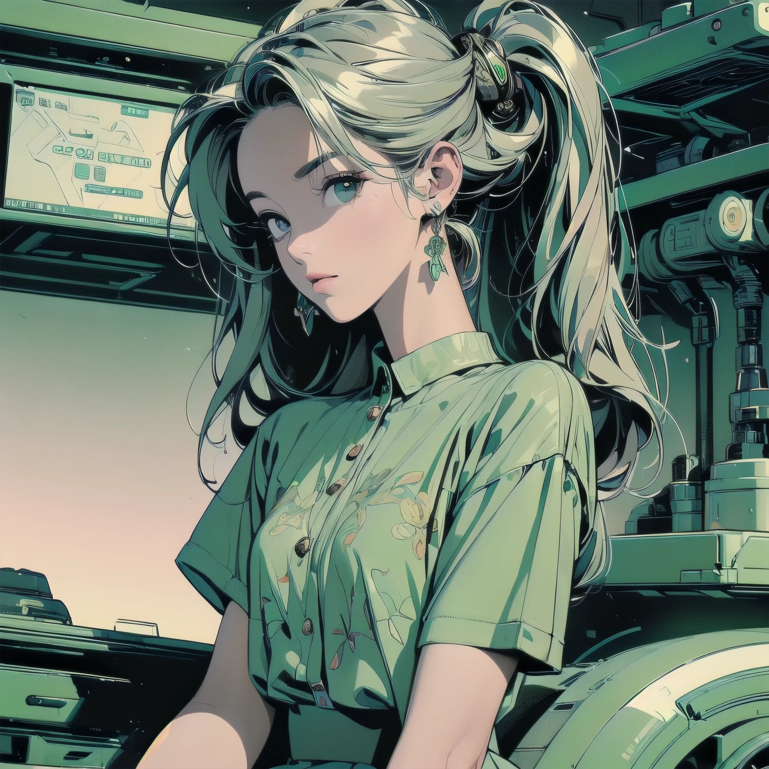 (((masterpiece, Highest quality)))、(((32K Wallpapers)))、The most detailed machine、(((A highly detailed, lime green futuristic machine and a woman)))、The most detailed background、(((Flat Chest)))、(((Surrounded by many complex, sophisticated, futuristic machines)))、head shot,((((more various angle))))、A perfect machine、(((Completed and detailed beautiful face)))、(((The most complete machine of the future)))、Detailed Hair、anime、mysterious、(((Dull colors)))、(((highlight)))、(((Short sleeve shirt)))
Waiting to start 
