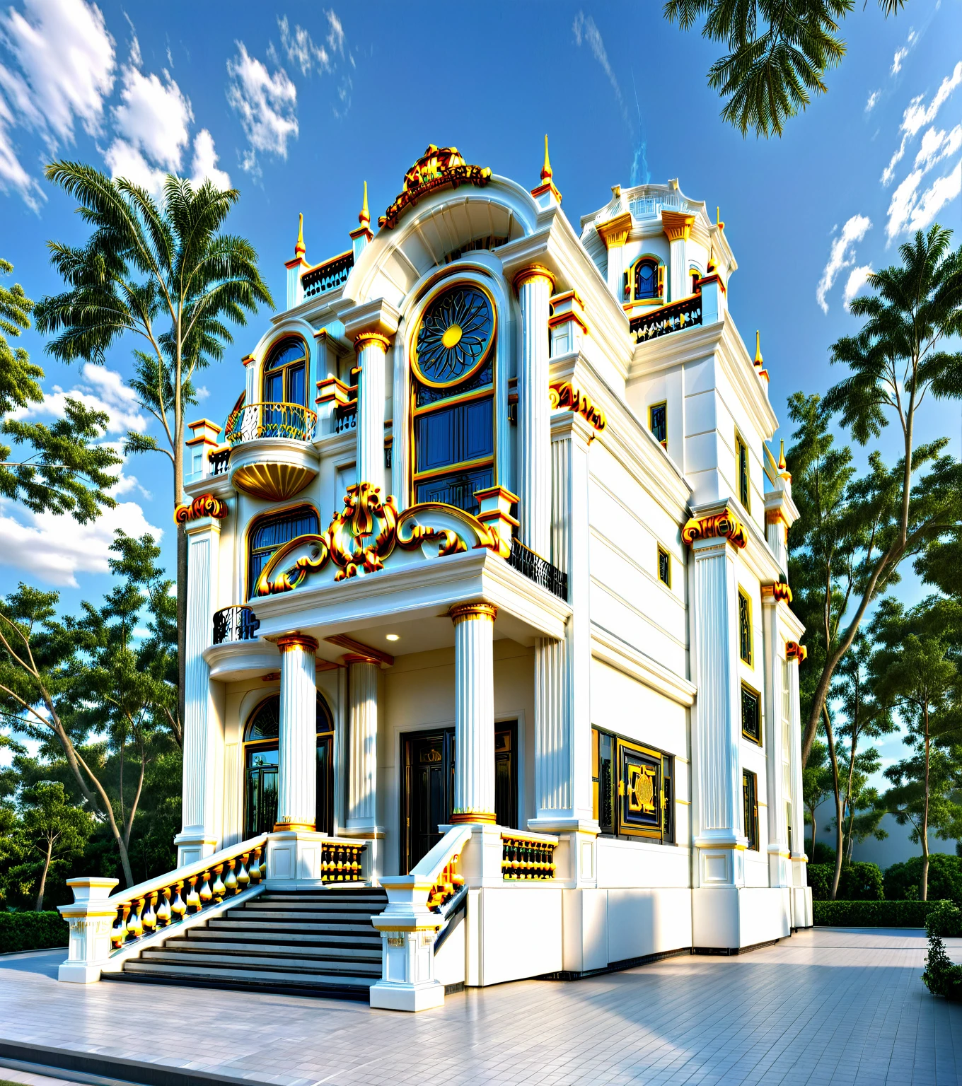 ,Masterpiece, Best quality,8K, Ultra-high resolution, rich atmosphere of luxury。Ornate crystal chandeliers hang high on the wall,Shine brightl . It is so comfortable,So much so that you can't help but indulge in it。Embellished with precious porcelain and champagne gold ornaments。Whenever it is late afternoon,The afterglow from the window spilled on the floor,Soft light and shadow are reflected,It was as if entering a dreamlanD,,Architectural style Architectural style, ((Classic Style House)),(masterpiece) , ((best quality)), dramatic lighting, high quality outdoors, sky, day, cloud, tree, blue sky, building, scenery, road, real world location, sunlight, enough detail, high resolution,super realistic, Photorealistic, highly detailed, balcony, door, car, truck, parking slot, paving, . Clean lines, architectural drawing, highly detailed , . Clean lines, geometric shapes, architectural drawing, highly detailed, (( round column : 1,3)), round pillar,