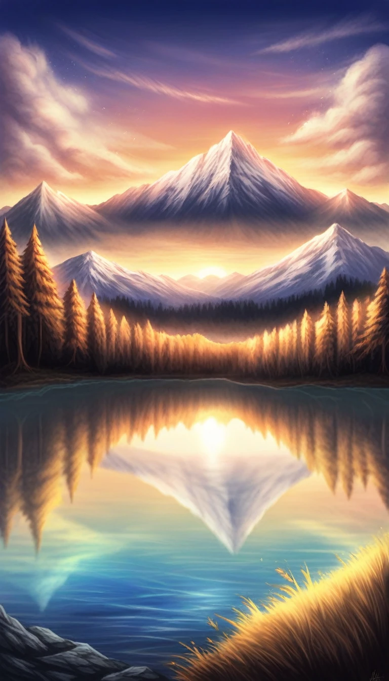 (best quality,8k,highres,masterpiece:1.2),ultra-detailed,photorealistic,photo-realistic:1.37,HDR,UHD,studio lighting,ultra-fine painting,sharp focus,physically-based rendering,extreme detail description,professional,vivid colors,bokeh,detailed landscape,beautiful sunset sky,mountains,forest,lake,reflection,sunlight,dramatic lighting,cinematic