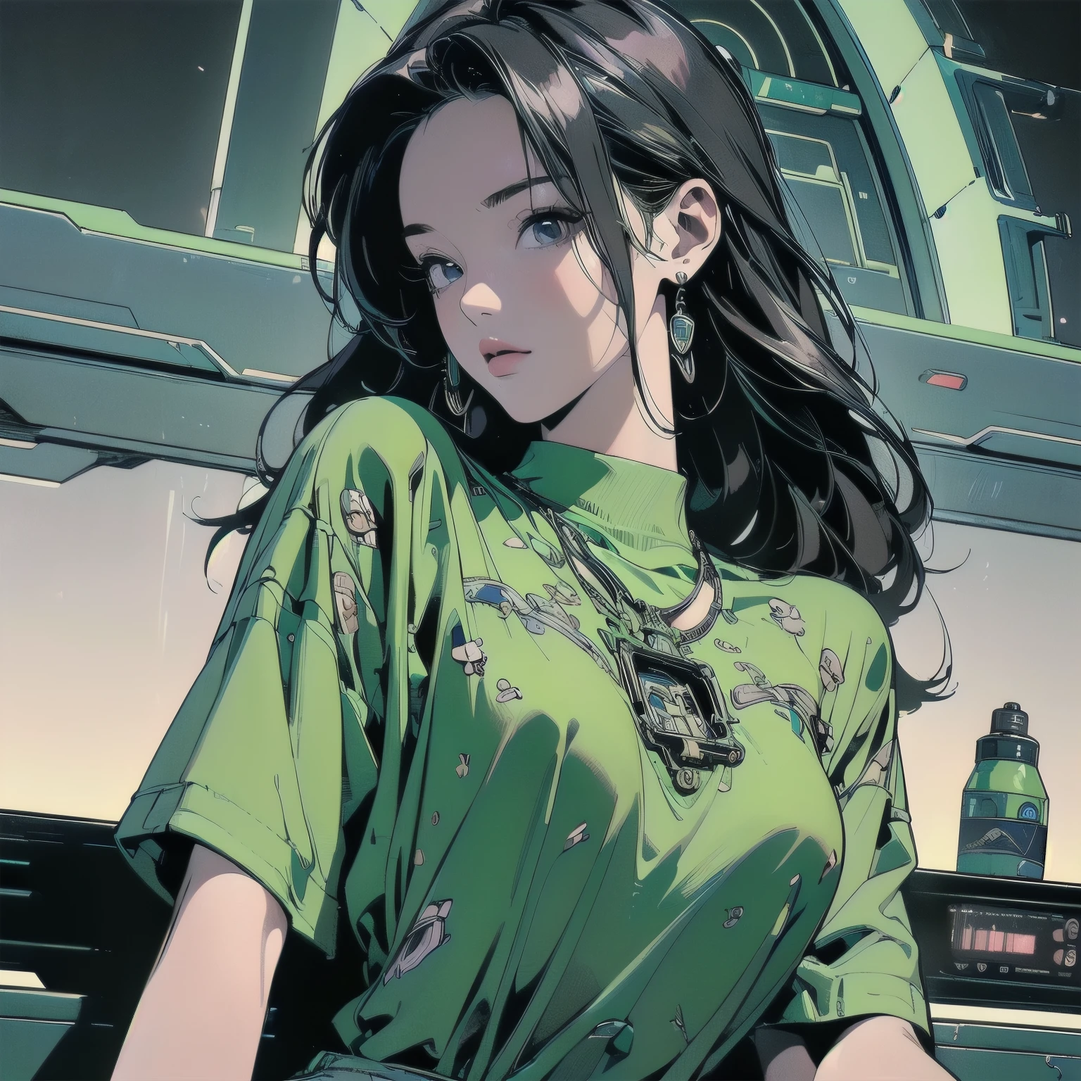 (((masterpiece, Highest quality)))、(((32K Wallpapers)))、The most detailed machine、(((A highly detailed, lime green futuristic machine and a woman)))、The most detailed background、(((Flat Chest)))、(((Surrounded by many complex, sophisticated, futuristic machines)))、head shot,((((more various angle))))、A perfect machine、(((Completed and detailed beautiful face)))、(((The most complete machine of the future)))、Detailed Hair、anime、mysterious、(((Dull colors)))、(((highlight)))、(((Short sleeve shirt)))
Waiting to start 
