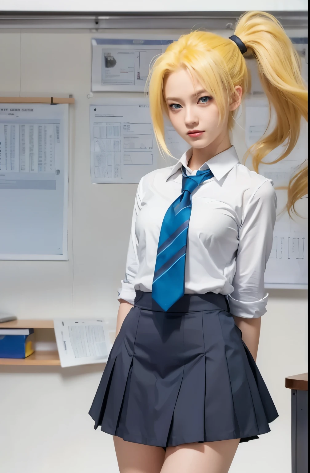 Yamanaka ino, Naruto shippuden, yellow hair, pony tail, blue eyes, highschool uniform, classroom background, ultra detailed, ultra realistic, high resulution, masterpiece.