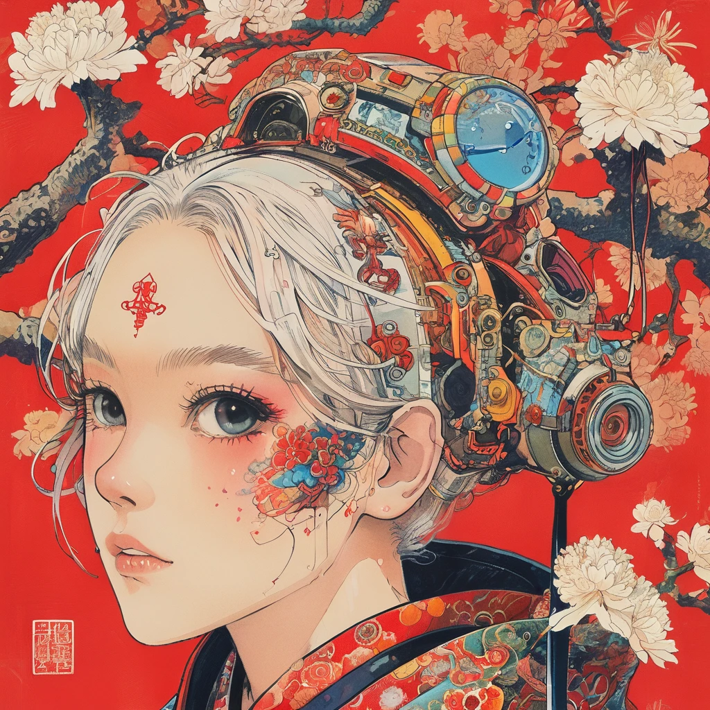 On a bright red campus"YES"Character、 A vibrant and colorful illustration of an anime-style female samurai character with white hair, holding her sword in front of her face. She is wearing traditional Japanese adorned with floral patterns, a backdrop filled with colorful patterns representing ancient symbols and floral motifs. The background is richly detailed with geometric shapes that add depth to their figure's presence., creating a whimsical atmosphere. The background features bold colors and intricate designs that add to the overall visual appeal. This artwork showcases vivid hues, intricate details on both attire and armor, capturing movement as she walks forward in the style of intricate details on both attire and armor, capturing movement as she walks forward.
