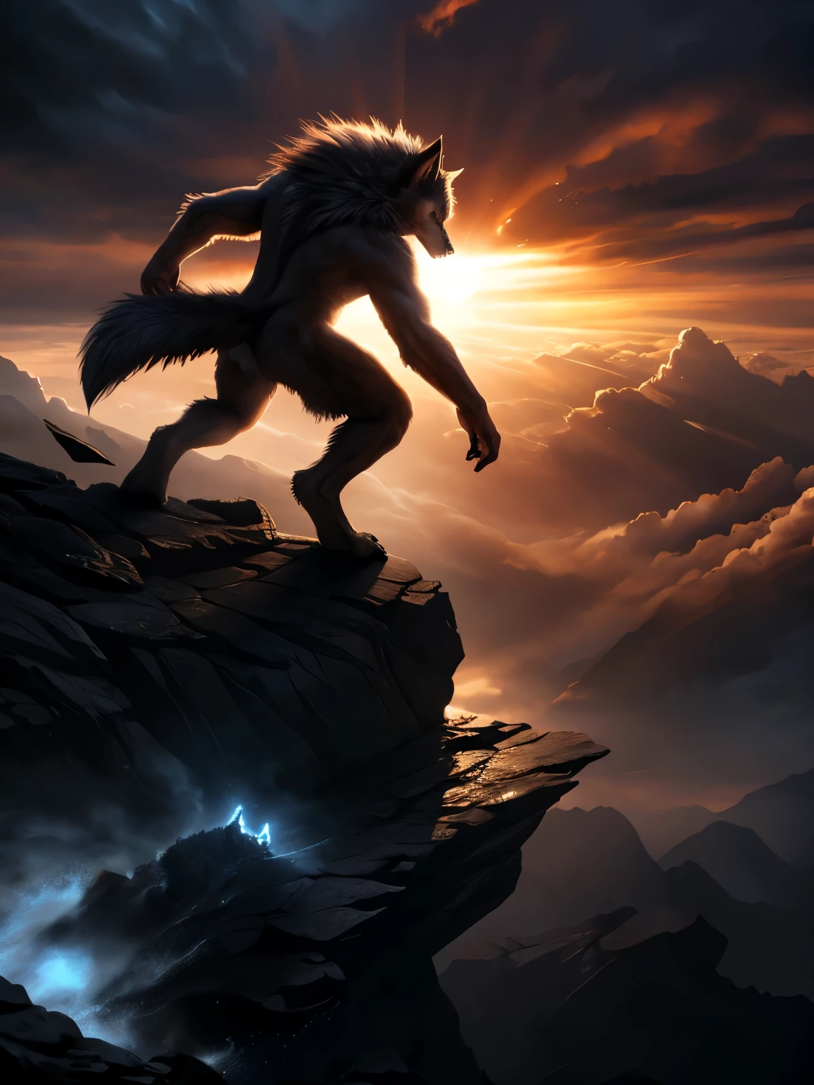 a young teenage male with Lycanroc, werewolf-like creature, dramatic eclipse, sun at the top, dynamic action pose, dark moody atmosphere, cinematic lighting, fantasy landscape, dramatic clouds, highly detailed, intricate, photorealistic, award winning digital art, (best quality,4k,8k,highres,masterpiece:1.2),ultra-detailed,(realistic,photorealistic,photo-realistic:1.37),dynamic composition,cinematic framing,moody lighting,dramatic shadows,glowing sky,fantasy elements,powerful creature