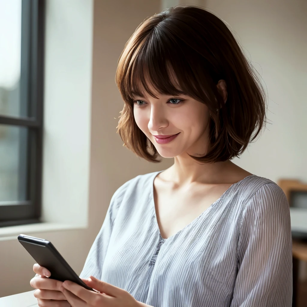 Photorealistic, Photorealistic, Photorealistic, Photorealistic, masterpiece, Highest quality, Super detailed, An illustration, Textured skin, Attention to detail, Highest quality, 8k, （Clear contours）, Middle-aged woman, Have a smartphone:1.5, Striped blouse, smile:1.2, Shy, Shaggy Cut, Black Hair, Flipped Hair
