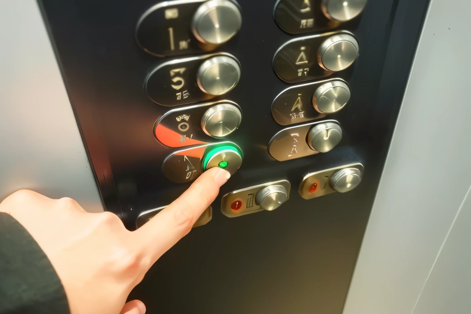 someone is pressing a button on a metal elevator with a green button, in an elevator, elevator, tactile Buttons and lights, glowing Buttons, in the dark elevator, Sitting on a red button, elevator doors look like a mouth, Buttons, group of people in an elevator, Interesting details, , Located opposite the elevator shaft, in stock, professional