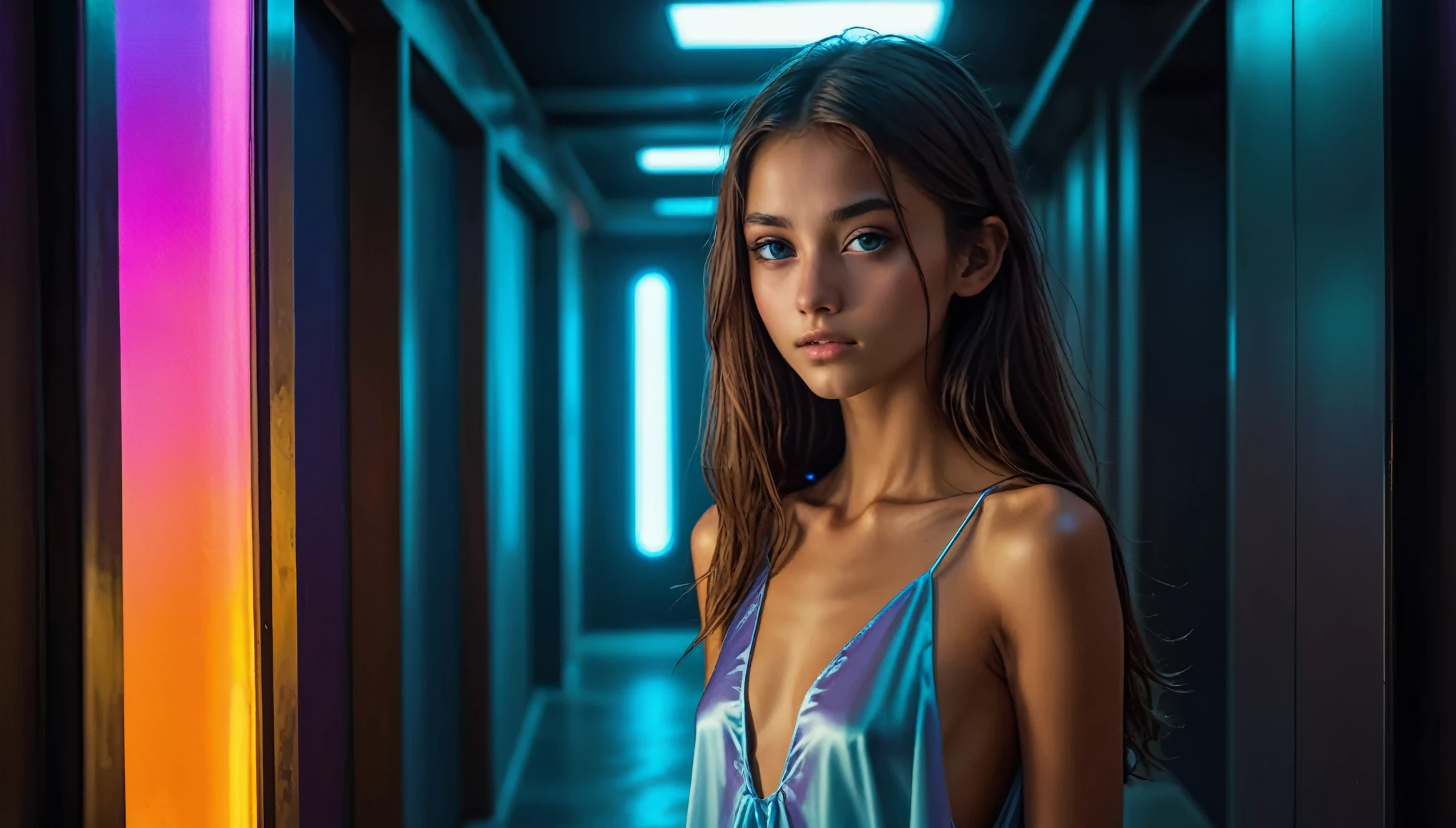 Top Quality, Masterpiece, High Resolution, 8k, (((cute skinny barely legal girl in oversized silky nightgown with plunging neckline, wide neckline, deep neckline, small perky breasts, beautiful detailed eyes, beautiful detailed lips, small closed mouth, extremely detailed face, tanned skin, random long hair style, small hips))), cyberpunk apartment, moody atmosphere, dramatic and random neon colors, futuristic setting, intricate details, at night, backlit, random neon color, full body shot, view from distance 