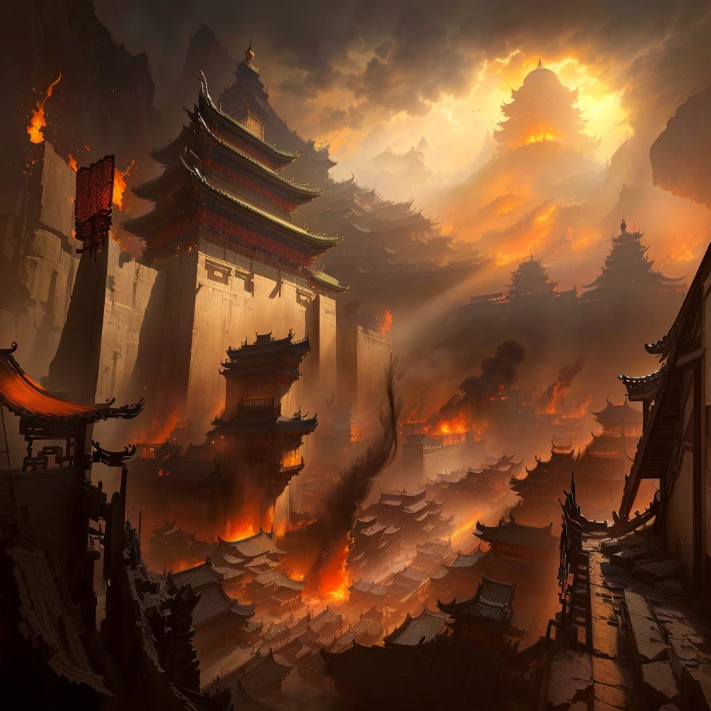 A painting of a city on fire, An ancient city engulfed in fire, Theatre concept art, Background artwork, Traditional Chinese Concept Art, G Liulian art style, Three Kingdoms of China, author:Yang J, Inspired by Fenghua Zhong, Beautiful rendering of the Tang Dynasty, Concept Art Masterpiece, by Qu Leilei, Dramatic Arts