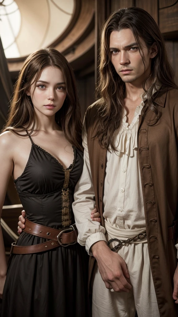 man and woman.
Woman imprisoned against her will, brown hair with brown eyes, warm complexion and serious but innocent look. It is in the pirate era with the captain of the ship held by the waist. . The captain is a man, 172 cm tall, with slanted eyes., intense look and he is thin