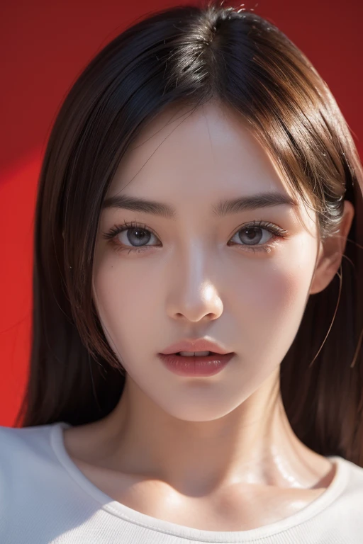 (RAW Photos:1.2)、Highest quality、Beautiful detailed girl、Tight red latex suit、Red latex bodysuit, Laughter、Highly detailed eyes and face、Beautiful and detailed、Large file size、High resolution、High resolution、More about 8k wallpaper、Highly detailed Ticker uniform 8K wallpaper、Light on the face、Cinema Lighting、16-year-old girl、Sexy pose、(Photorealism:1.4)、Consciousness upward、Surrealism、 From below、Super Detail、masterpiece
