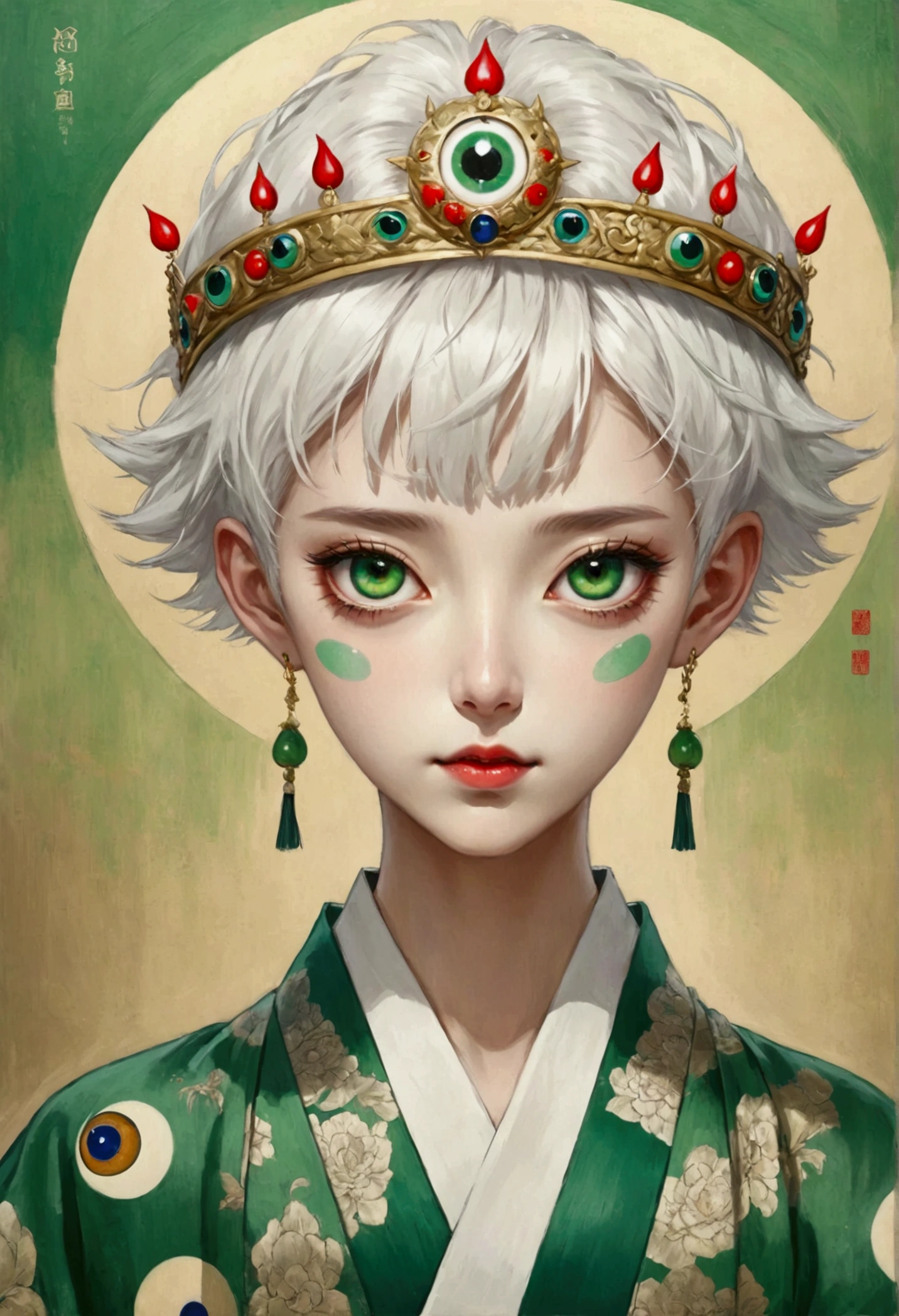 Inspired by Colored lead painting, The third eye vision on the forehead。White short hair，Crown,Green kimono，Thin waist，Background many eyes