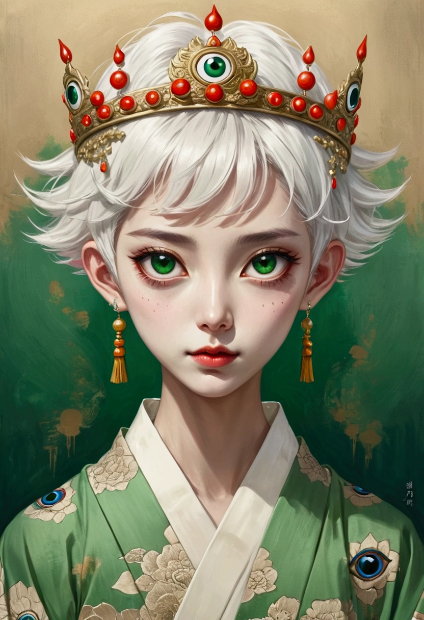 Inspired by Colored lead painting, The third eye vision on the forehead。White short hair，Crown,Green kimono，Thin waist，Background many eyes