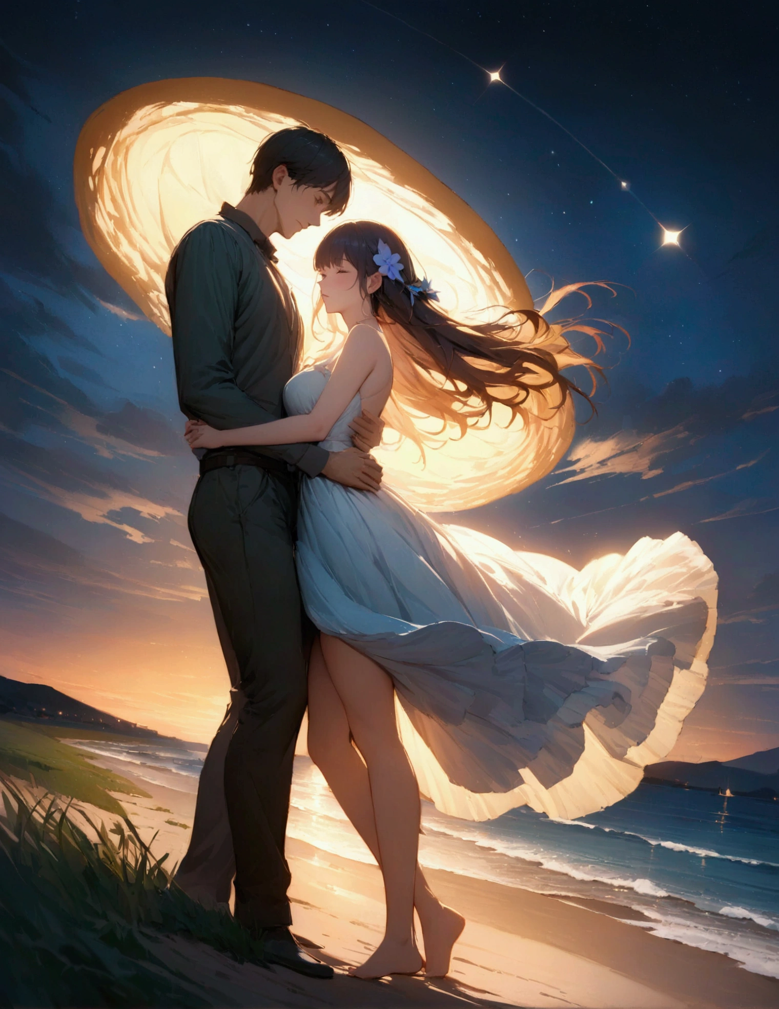 (masterpiece:1.3),(最high quality:1.4),(Very detailedな:1.5),High resolution,Very detailed,8k,artwork,High level of detail,rendering,high quality,Wide range of colors, The setting is a beach at night under the stars, One man and one woman dancing. The night is full of hope, And the moonlight illuminates the scene. Waves gently crash on the shore, Create a calm and magical atmosphere. " Narrative poem, Particle Effects, Dynamic Effects, Character border depth, Cinematic Light, Lens flare, Ray Tracing, Tabletop, Genuine , 超High resolution, Fantasy, Quiet and beautiful grassland, Vast land, Lakeside, Wonderful scenery, Beautiful natural scenery, Night Sky,