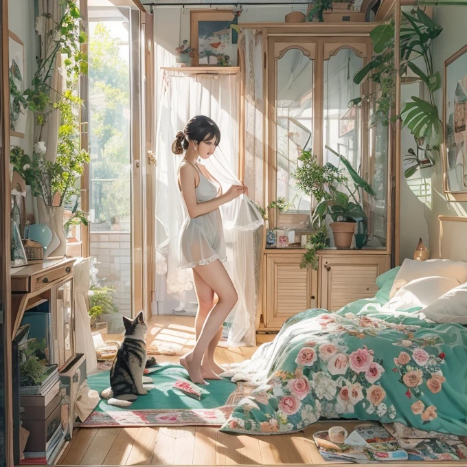 A woman in a transparent camisole、Playing with a cat in my room