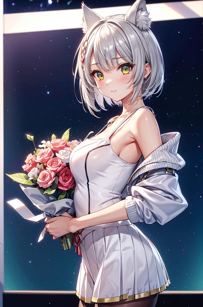 my、Mio、Xenoblade3、((Highest quality))、((masterpiece))、(detailed)、((Anatomically correct))、(High resolution、8k)、(Beautiful Skin:1.1)、One woman、Look at me、Cat ear、Silver Hair、Silver and red braid、Very Short Hair、(Beautiful eyes:1.2)、Yellow-green eyes、Rin々Funny face、White camisole、Beautiful shoulders、Grey hoodie、White pleated skirt、Black tights