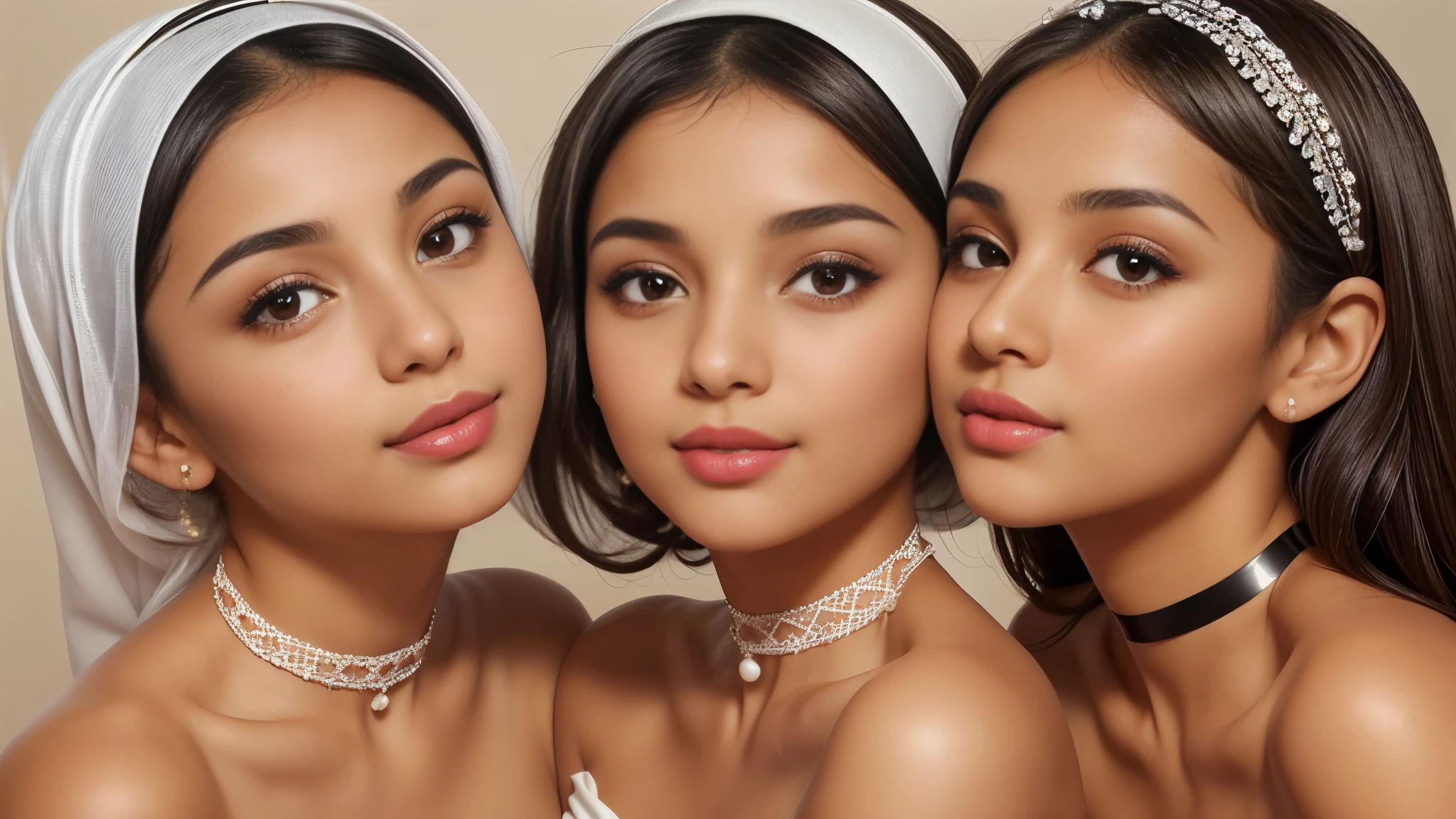 Three girls, (cute white arab women, 20 years old, round face shape, small nose, thin nose, thin nostril, small nose-tip, beautiful small delicate nose, (very thin) round eyebrows, (very thin eyebrows), perfect thin lips, red lipstick, (big) (round) feminine cheeks, cheek dimples, very cute cheeks, prominent round:1.8 cheekbones, clean skin, tan:1.8 skin, black short hair, choker, big brown (drop) eyes, wearing a (white) strapless mini dress) smiling), (kissing:1.2), (Masterpiece), (Realistic), (best quality), (8K), ultra detailed, UHD, RAW,