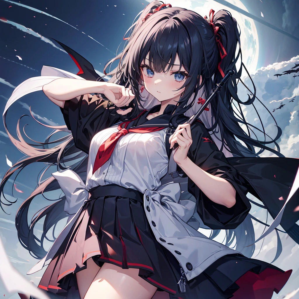 1girl,(((Highest quality、Masterpiece、Official Art、The best dynamic composition、超detailed)))、Anime Style、Vampire Hunter、Black Sailor Suit、Black pleated skirt、The moment the Grim Reaper swung down his giant toad with both hands、Super huge、detailed、Perfect Anatomy、