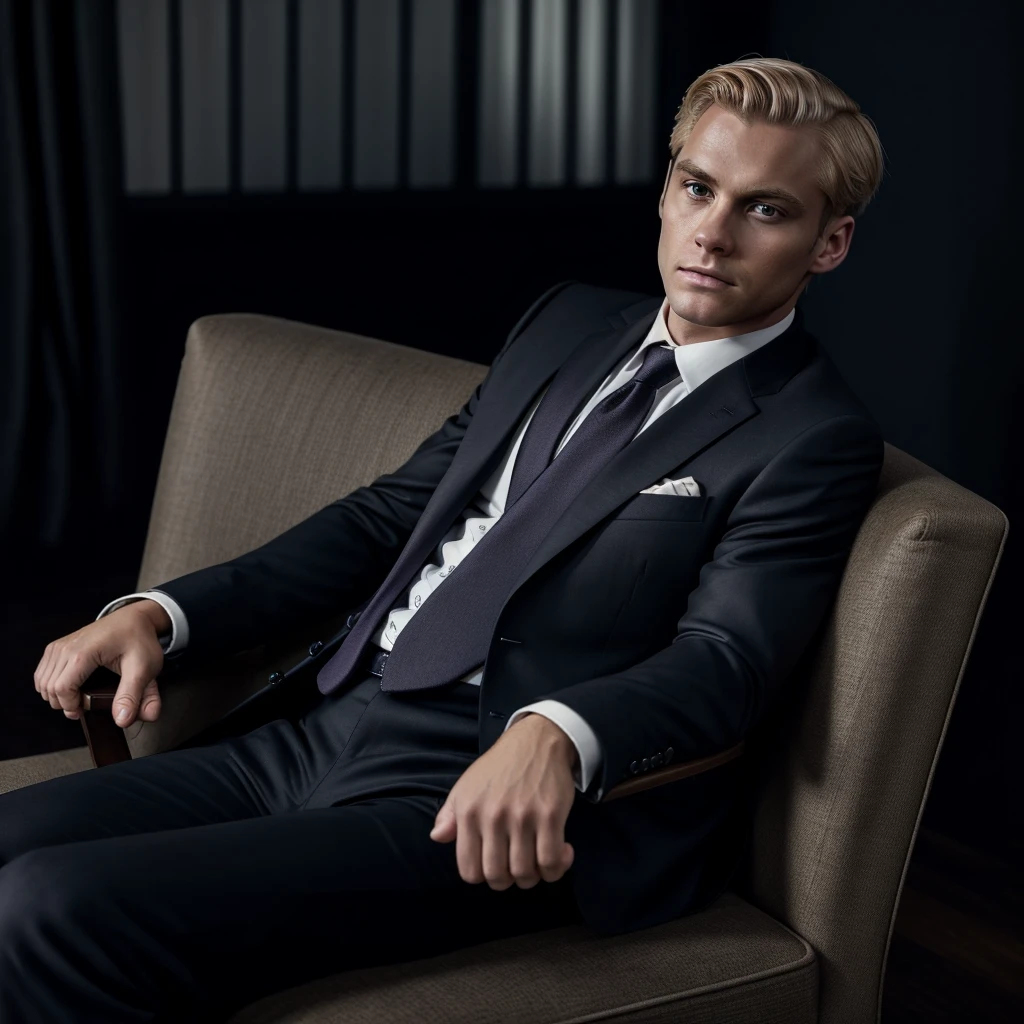 man, wearing suit and tie, short blond hair, disturbing look, looking away, sitting on an armchair, with legs crossed, a dark hall in the background, darkness, dark, mystery, realism, high quality, masterpiece, soft light, 4k, 8k, hd, perfect background, perfect eyes, perfect hands, perfect anatomy