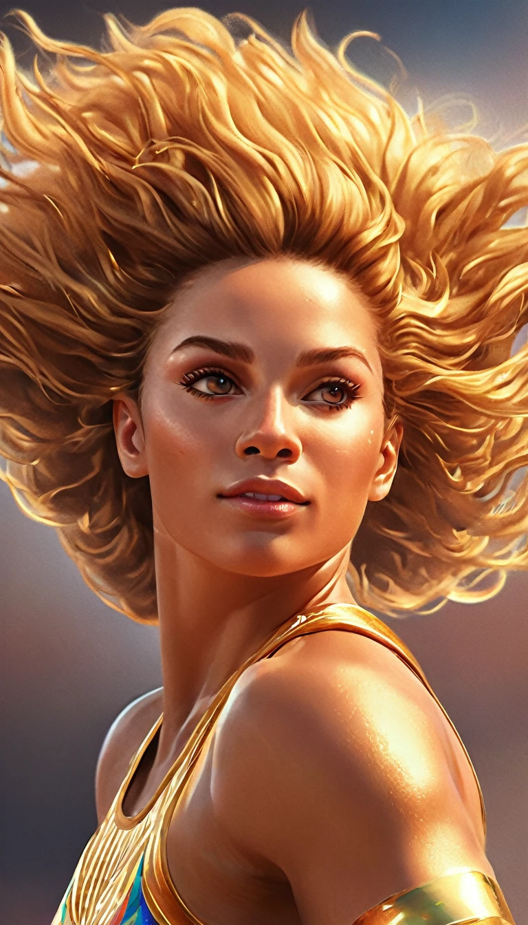 a facial portrait of a female athlete Olympic games winner wearing laurel leave crown and wearing gold medal, sense of excitement, a sense of ultimate triumph against all odds, she won the gold medal, (ultra detailed face: 1.2),  dynamic hair style, dynamic hair color, dynamic skin complexion, Hyperrealism style, vibrant, Ultra-high resolution, High Contrast, (masterpiece:1.5), highest quality, Best aesthetics), best details, best quality, highres,  16k, [ultra detailed], masterpiece, best quality, (extremely detailed) RAW, photograph