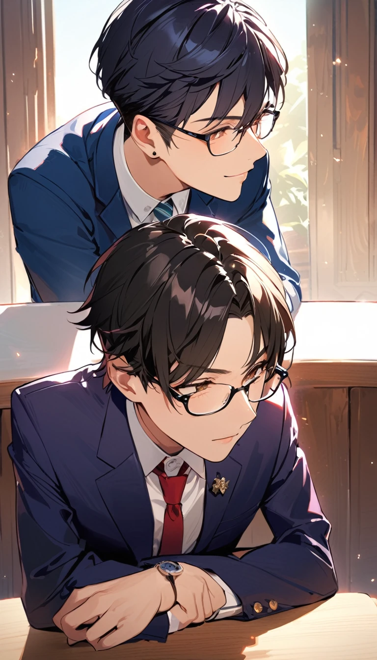 A high school girl and a handsome boy are chatting, she have black short bob hair, Glasses,Red ribbon,wearing a navy blazer BREAK he is a handsome boy, Black Hair, Short Hair,Glasses, blazer,
