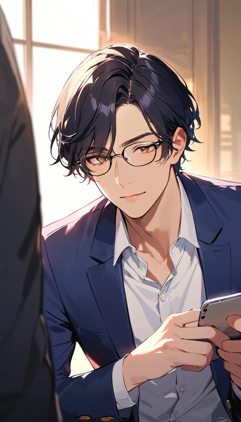 A high school girl and a handsome boy are chatting, she have black short bob hair, Glasses,Red ribbon,wearing a navy blazer BREAK he is a handsome boy, Black Hair, Short Hair,Glasses, blazer,