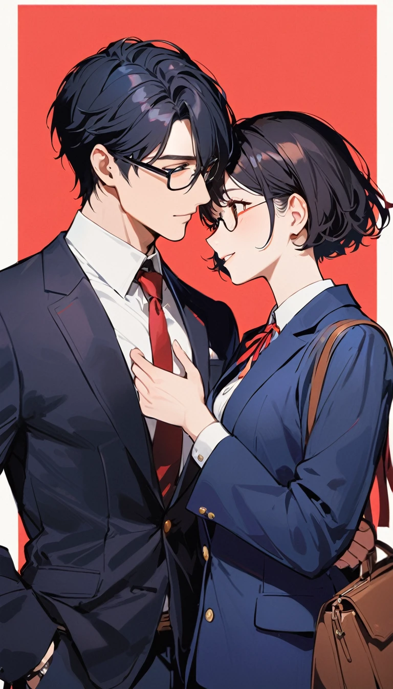 A high school girl and a handsome boy are chatting, she have black short bob hair, Glasses,Red ribbon,wearing a navy blazer BREAK he is a handsome boy, Black Hair, Short Hair,Glasses, blazer,