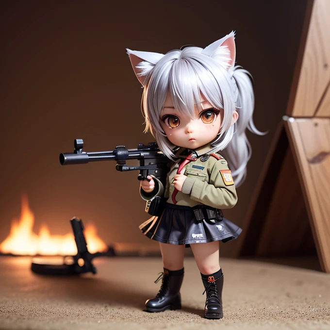 Chibi Character, A silver-haired girl with cat ears wearing a military uniform, ponytail, mini skirt, See-through tights, Combat Boots, Open chest, A gun pointed at the viewer, 伏せ精密shooting, High-performance sniper rifle, Prone, shooting, 正確な伏せshooting,Looking through a rifle scope, A gun pointed at the viewer口, Point the muzzle at us, 視聴者を狙ったHigh-performance sniper rifle