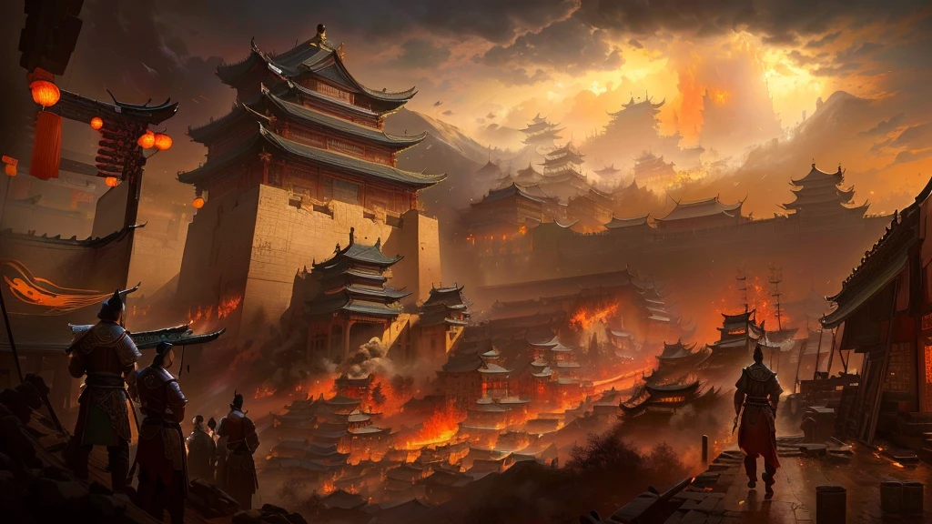 A painting of a city on fire, An ancient city engulfed in fire, Theatre concept art, Background artwork, Traditional Chinese Concept Art, G Liulian art style, Three Kingdoms of China, author:Yang J, Inspired by Fenghua Zhong, Beautiful rendering of the Tang Dynasty, Concept Art Masterpiece, by Qu Leilei, Dramatic Arts