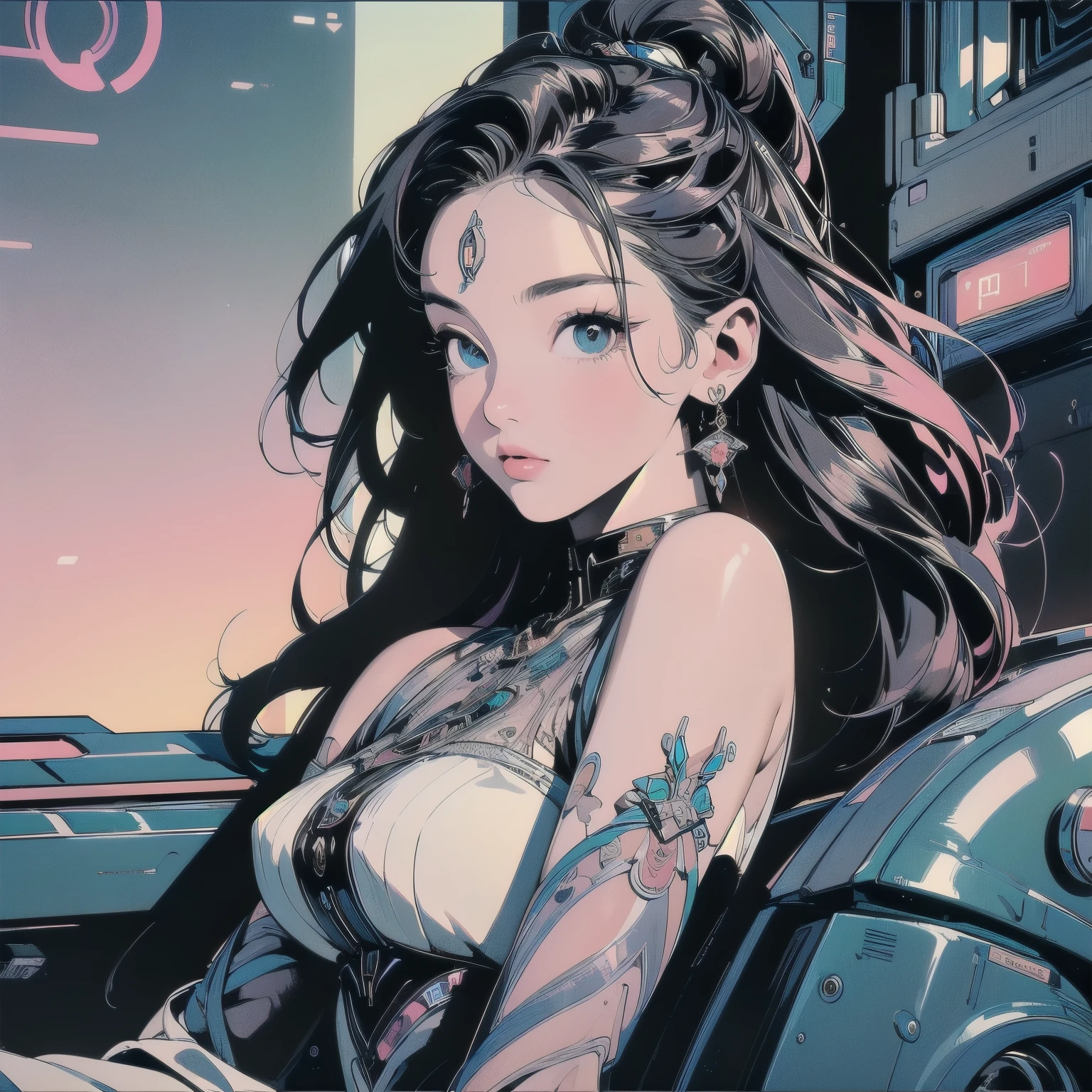 (((masterpiece, Highest quality)))、(((32K Wallpapers)))、The most detailed machine、(((The most detailed and colorful futuristic machine and a woman)))、The most detailed background、(((Flat Chest)))、(((Surrounded by many complex, sophisticated, futuristic machines)))、head shot,((((more various angle))))、A perfect machine、(((Completed and detailed beautiful face)))、(((The most complete machine of the future)))、Detailed Hair、anime、mysteriouovie Posters