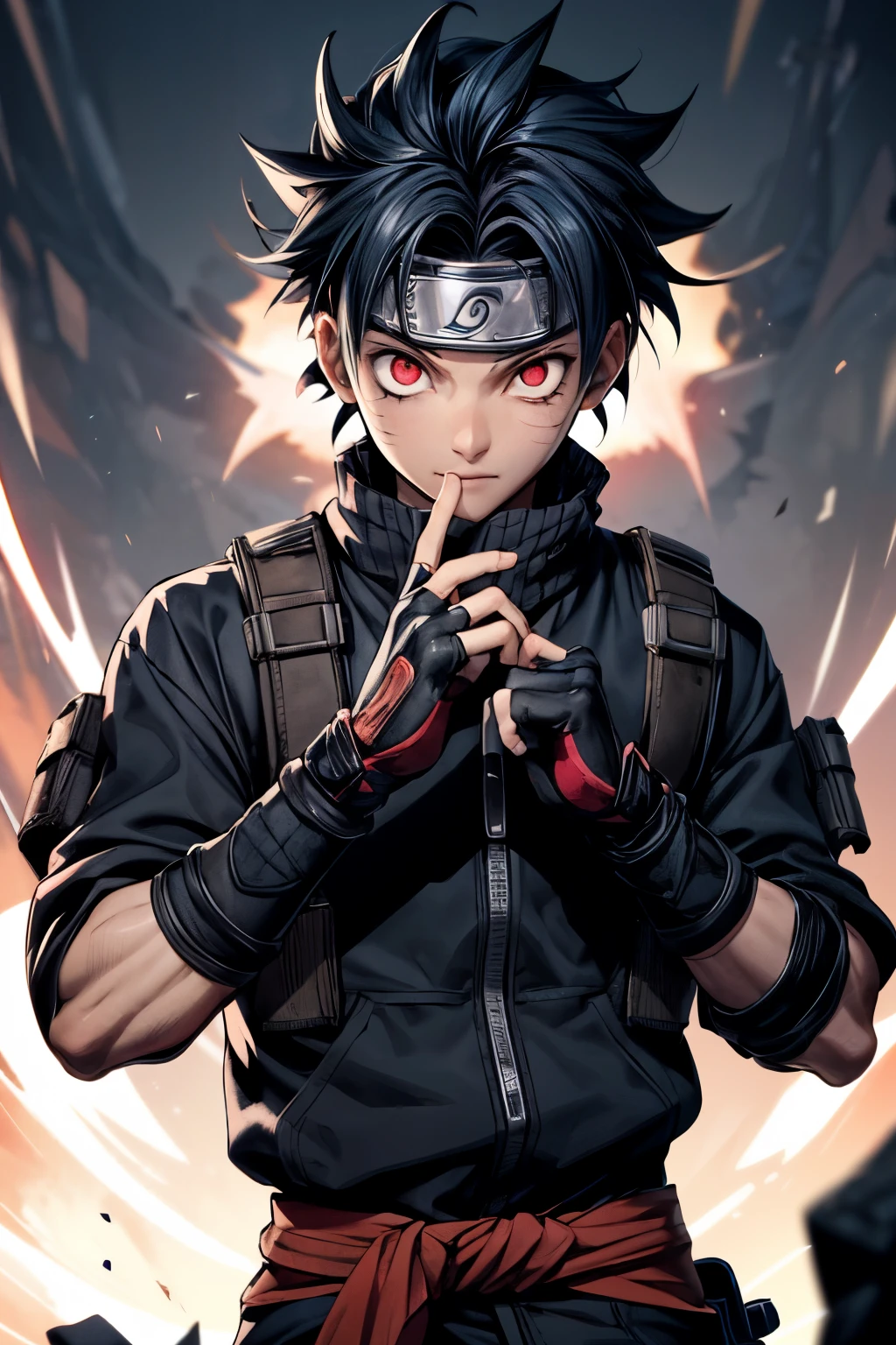 Naruto(similiar costume), 2boy, male focus, solo, glowing, red eyes, ninja, weapon, glowing eyes, holding, looking at viewer, fingerless gloves, extracting the cakra magic from his hand.