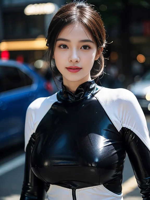 1 woman、Korean、Korean、cyberpunk suit、smooth rubber、tight suit、chest chuck、intricate details、high quality、(upscale:1.4)、Staring at me、ultra realistic 8k、Perfection face、perfection、clean、masterpiece、professional artwork、famous works、Perfection face、beautiful expression、beautiful eyes、short black hair、high heels、wet hair、very big breasts、best image quality、natural background、(focus on chest)、No pants, (RAW Photography:1.2)、top-quality、white, a beautiful detailed girl、tight water suit、latex wet suit, a smile、Twin-tailed、extremely detailed eye and face、beatiful detailed eyes、huge filesize、hight resolution、hight resolution、8k wallpapenely detail、Highly detailed ticker uniform 8k wallpaper、Light on the face、movie lighting、、sexy pose、(photorealisim:1.4)、illustratio、surrealism、 frombelow、super detailing、masterpiece