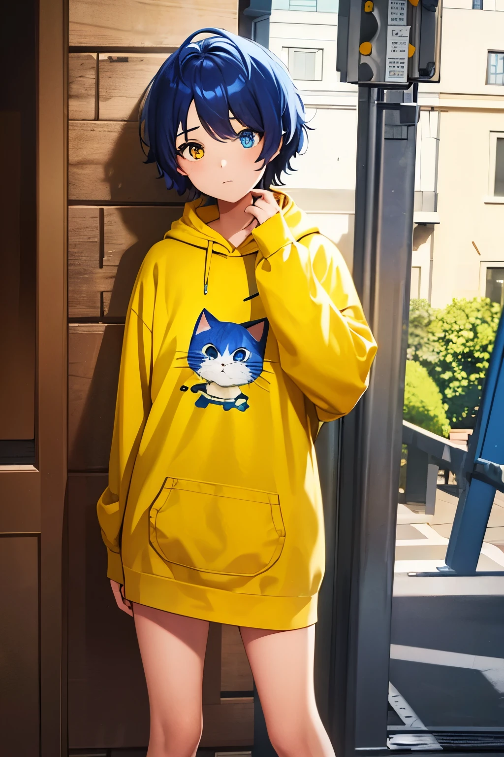 masterpiece, highres, 1girl,AiOhtoR4, upperbody, blue_hair, heterochromia, yellow eye, blue eye,short_hair,closed mouth, looking at viewer,solo,yellow hoodie, Cat human girl 