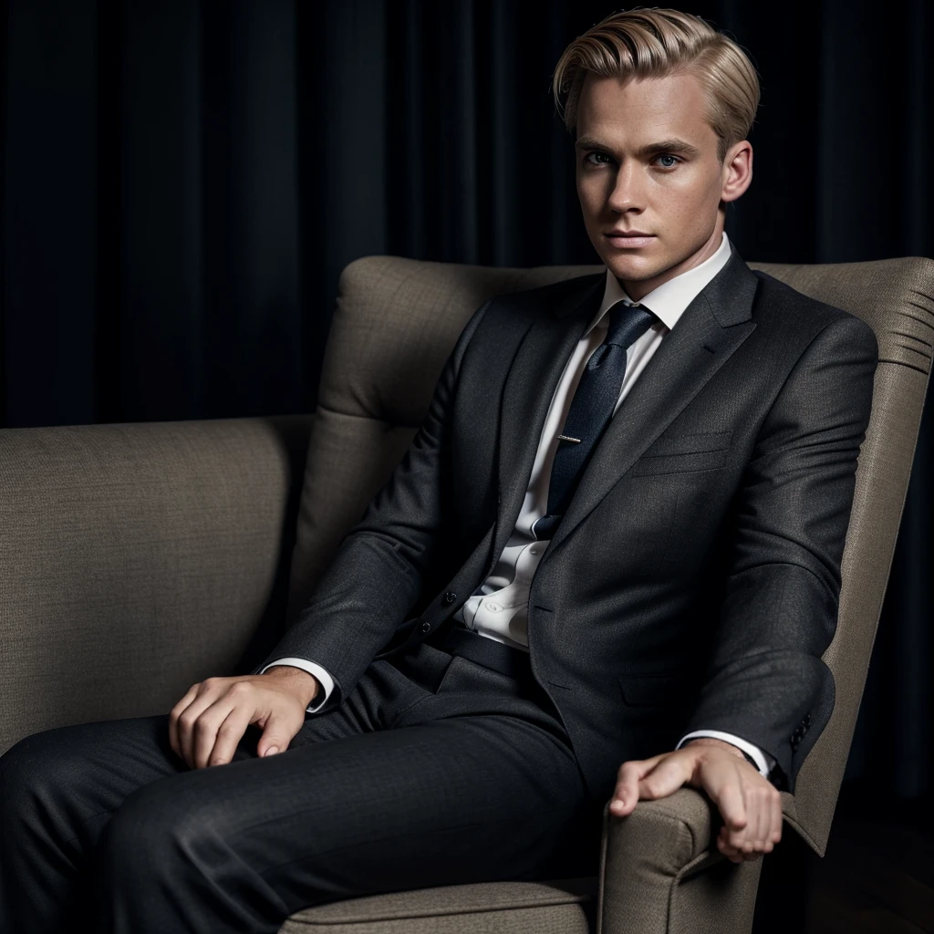 man, wearing suit and tie, short blond hair, disturbing look, looking forward, sitting on an armchair, with legs crossed, a dark hall in the background, darkness, dark, mystery, realism, high quality, masterpiece, soft light, 4k, 8k, hd, perfect background, perfect eyes, perfect hands, perfect anatomy
