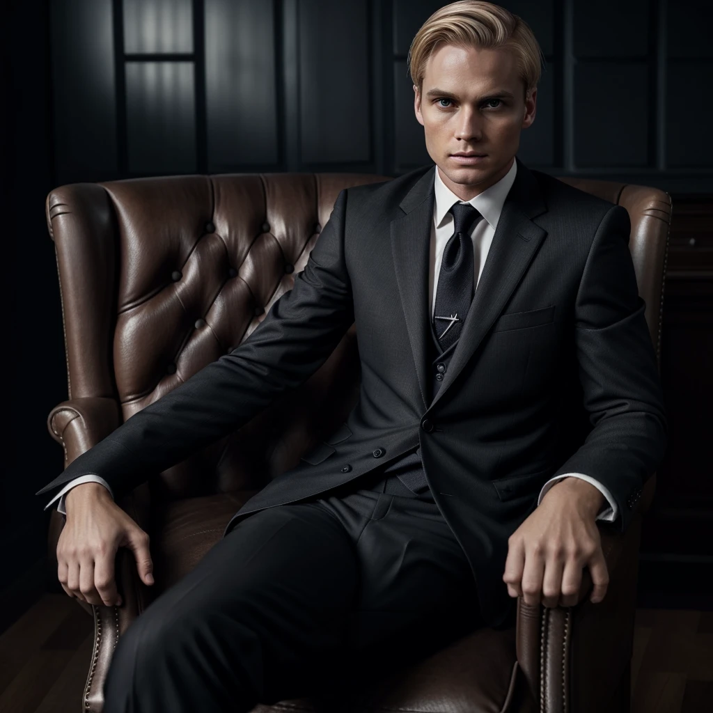 man, wearing suit and tie, short blond hair, disturbing look, looking forward, sitting on an armchair, with legs crossed, a dark hall in the background, darkness, dark, mystery, realism, high quality, masterpiece, soft light, 4k, 8k, hd, perfect background, perfect eyes, perfect hands, perfect anatomy
