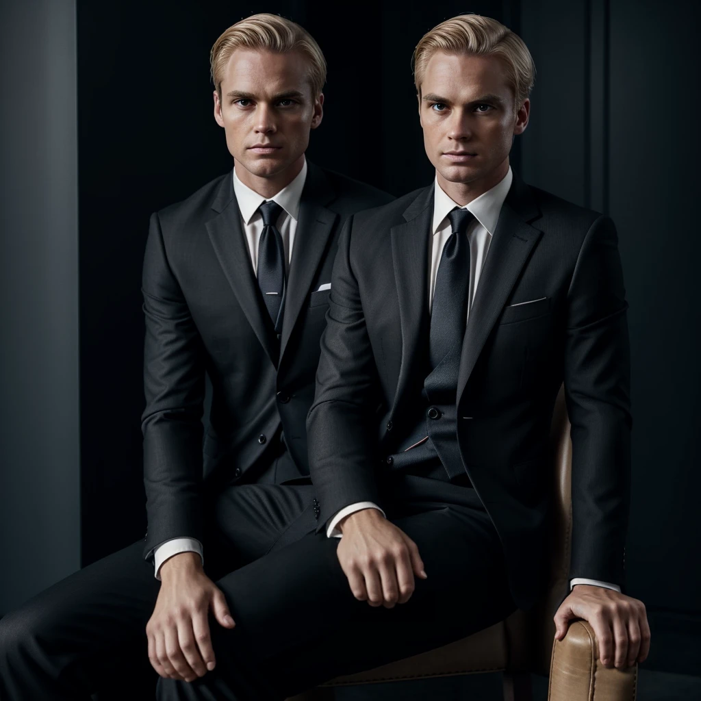 man, wearing suit and tie, short blond hair, disturbing look, looking forward, sitting on an armchair, with legs crossed, a dark hall in the background, darkness, dark, mystery, realism, high quality, masterpiece, soft light, 4k, 8k, hd, perfect background, perfect eyes, perfect hands, perfect anatomy