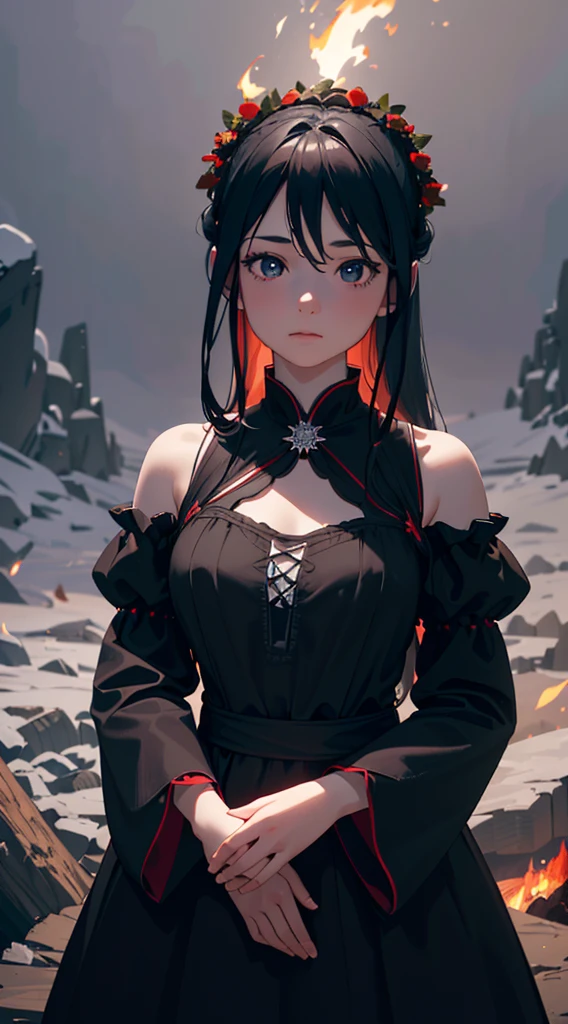 a girl in a black dress, puffed sleeves, red wreath, long light blue hair, campfire at night, sparks, (best quality,4k,8k,highres,masterpiece:1.2),ultra-detailed,(realistic,photorealistic,photo-realistic:1.37),portrait,dramatic lighting,warm colors,chiaroscuro