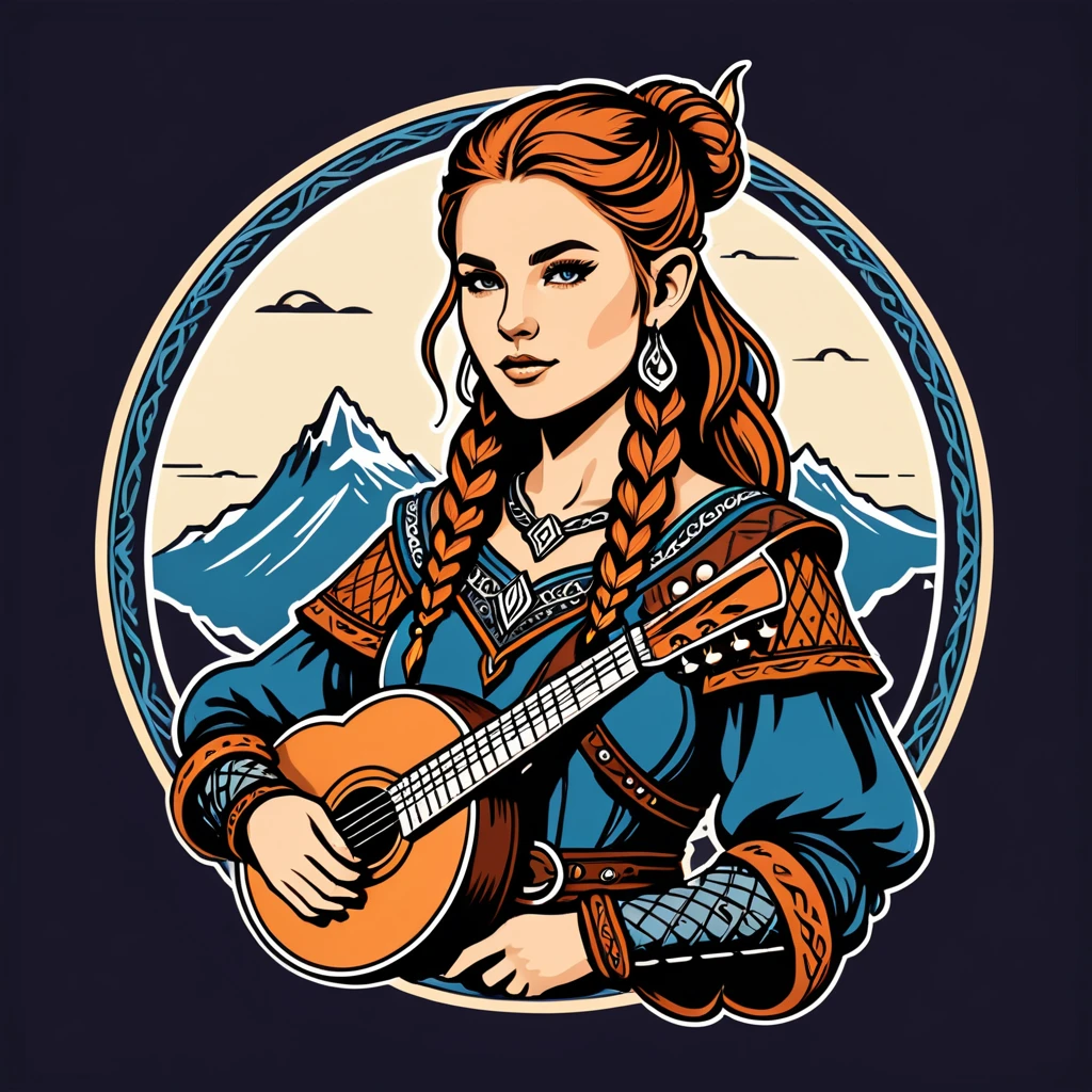 female bard in viking folk outfit ,vector graphics, strong contours, logo design