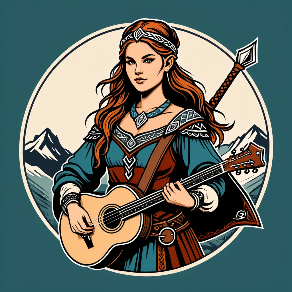 female	bard	in viking folk outfit	,vector graphics, strong contours, logo design																						